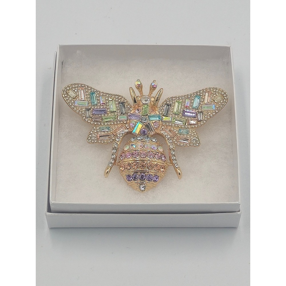 Christian Siriano Multi-Crystal Statement Bee Brooch Gold Tone Pastel Rainbow
